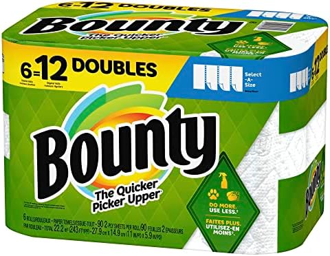 Bounty Select-A-Size מגבות נייר דו-שכבות, לחמניות כפולות, 6 x 11, לבן, 90 גיליונות לכל גליל, חבילה של 6 לחמניות