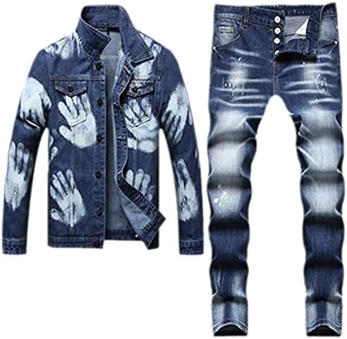 גברים של גודל גדול שתי חתיכה ג 'ינס סטי כחול רופף הדפסת ג' ינס מעיל + למתוח מכנסיים סטים
