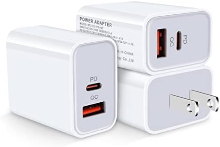 מטען קיר USB-A ו- USB-C כפול-יציאה, 3PACK 20W משלוח חשמל + QC 3.0 מטען אייפון בלוק טעינה מהיר