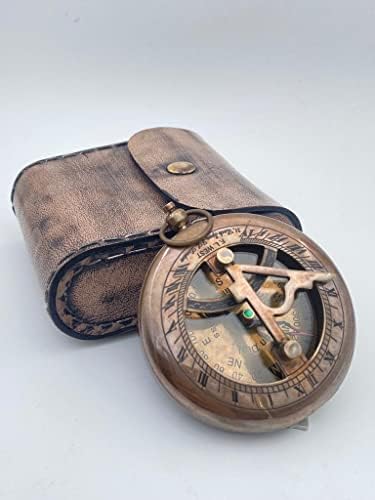 פליז עתיק מצפן שמש עם מארז עור פועל מצפן עתיק מצפן ניווט פריט מתנה וינטג 'ימי למטיילים מטיילים על ידי פטימה