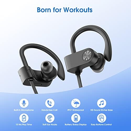 אוזניות Bluetooth של HSPRO, אוזניות ספורט אלחוטיות IPX7 אטומות למים עם מיקרופון, אוזניות באוזניים סטריאו