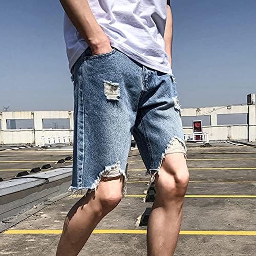 Dgkaxiyahm חור קיץ לגברים ג'ינס מכנסיים קצרים אמצע מותניים נשטפו במצוקה קצרה ברגל ישרה חור שבור קרוע מכנסיים קצרים