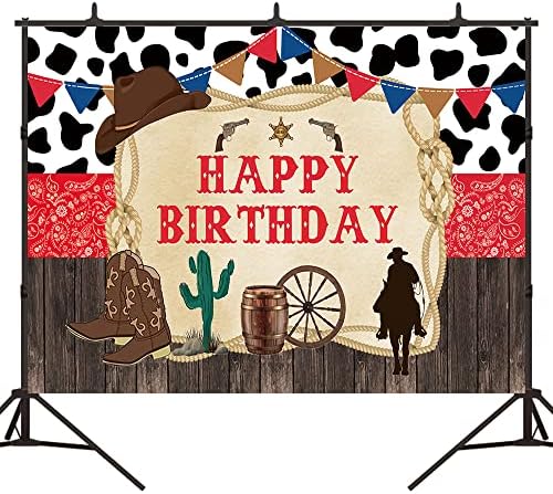בלימס מערבי נושא שמח יום הולדת רקע עבור קאובוי בוקרת כפרי עץ פרה מסיבת יום הולדת קישוטי פראי רודיאו ילד צילום