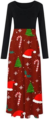 Tifzhadiao נשים שמלות מקסי חג המולד חג המולד מודפס מותניים גבוהות שמלות ארוכות שרוול ארוך מותניים באורך מלא שמלת