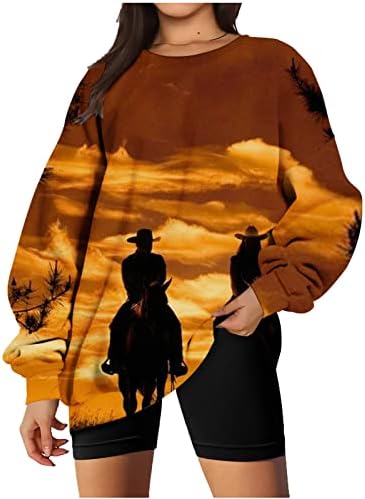 נשים סוס יצירתי 3 חולצות מודפסות למעלה חידוש מערבי קאובוי גרפי סוודר ארוך שרוול בציר טי חולצה