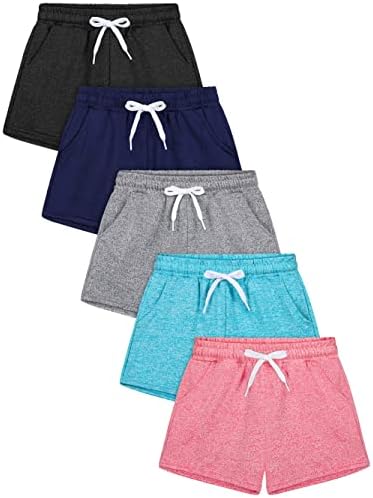 RESINTA 5 חבילות בנות יבש מכנסיים קצרים בביצועים אתלטים מכנסיים קצרים ספורט עם משיכה וכיסים לילדים