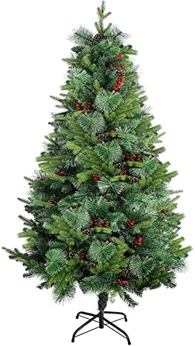 HCY 6ft/1.8 מ 'עץ חג המולד, עץ חג המולד המלאכותי עם מחטי אורן מעורבים, פירות יער אדומים וצירי מתכת