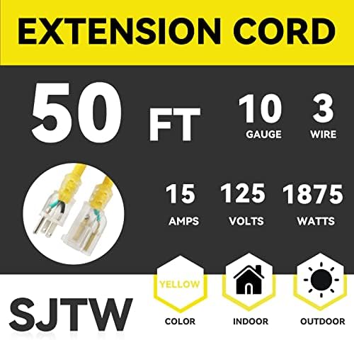 EP 50 FT מואר חוט חיצוני חיצוני - 10/3 SJTW כבל הרחבה צהוב כבד עם 3 עם 3 תקע מקורקע לבטיחות, UL רשום
