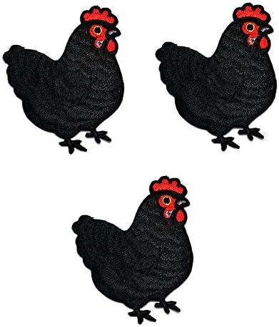 סט טלאי של אוממה של 3 ברזל עוף שחור על תפירה על טלאי אפליקציה תרנגולת תרנגולת תרנגולת חווה חווה מצוירת