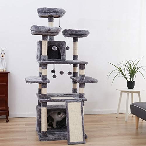 קאנג-ל 66 אינץ ' מגדל עץ חתול רב מפלסי דירות חתלתולים מפוארות עם מוטות נעימים וכדורים משתלשלים