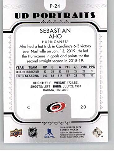 2019-20 דיוקנאות סיפון עליונים P-24 Sebastian AHO Carolina Hurricanes NHL הוקי כרטיס מסחר