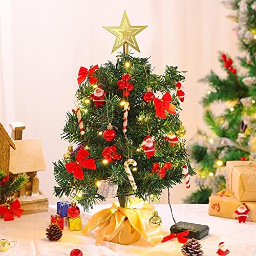 AMOSFUN 20 שולחן חג המולד עץ חג המולד מלא מלאכותי עץ חג המולד עץ אורן עם אורות מיתר LED וקישוטים