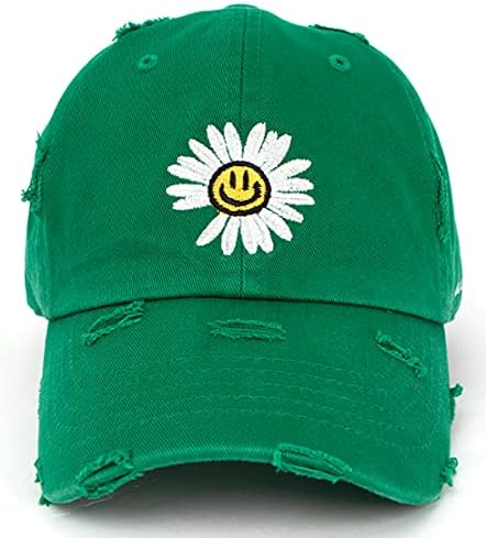 פליפר חיוך פנים בפנים של חיננית פרח וינטג 'שטוף כותנה לא מובנה אבא כובע בייסבול כובע בייסבול