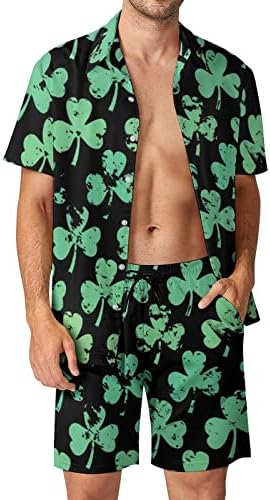 תלתן תלתן ירוק רטרו תלבושות חוף לגברים 2 חלקים כפתור הוואי מטה חולצה עם שרוול קצר וחליפות מכנסיים