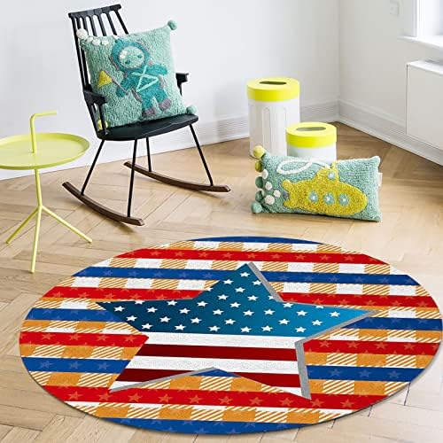 שטיח אזור עגול גדול לחדר שינה בסלון, שטיחים 6ft ללא החלקה לחדר ילדים, דגל אמריקאי דגל חמש נקודות פס כוכבים משובץ