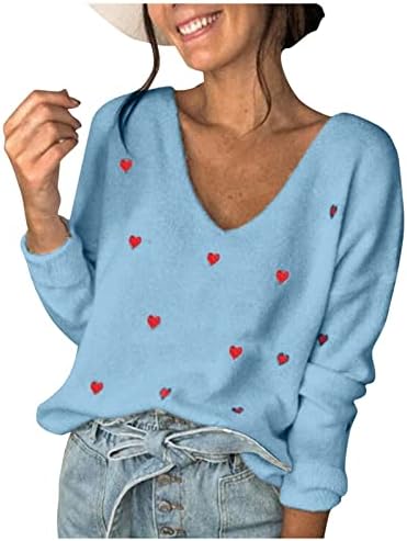 גבירותיי שרוול ארוך 2023 V Sweater Sweater Heart Grapic Sollic Top