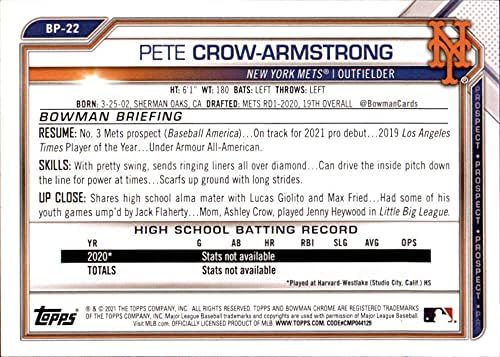 2021 סיכויי Bowman BP-22 Pete Crow-Armstrong New York Mets MLB כרטיס בייסבול NM-MT
