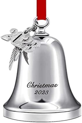 קישוט פעמון חג המולד קישוט פעמון מצופה ברזל עם סרט אדום מושלם קישוט עץ חג המולד שנתי 2023 (כסף