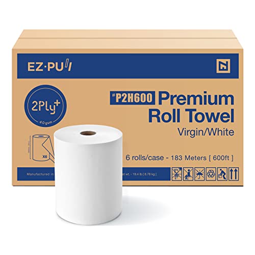 EZ-Pull Premium 2Ply+ נייר גליל מגבת יד, לבן, 6 גלילים x 600ft, אוניברסלי 8.0 x 1.5 ליבה, P2H600