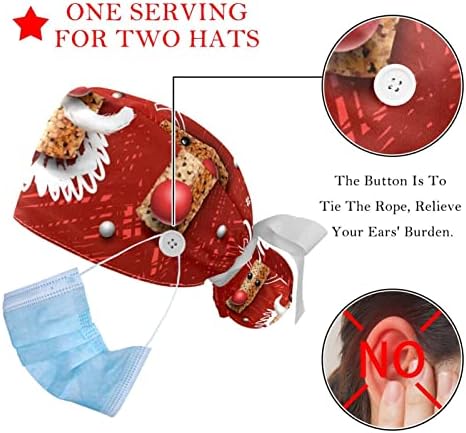 כובעים רפואיים לנשים עם כפתורים שיער ארוך, כובע עבודה מתכוונן 2 חלקים, חג מולד שמח אדום