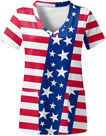 4 ביולי חולצות T לנשים דגל ארהב דגל קיץ שרוול קצר נגד חולצת טריקו צוואר עם 2 כיסים חולצות לבגדי