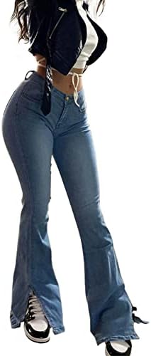 נשים רזות פעמון ג'ינס רזה רטרו מותניים גבוהים מפוצלים מכנסי ג'ינס קלאסיקה קלאסית קלאסית רגל רחבה