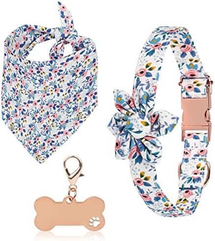 צווארון כלבי חמניות עם צעיף משולש, צווארון כלב ילדה ומערכת ביקורות, רצועת צווארון כלבים פרחים