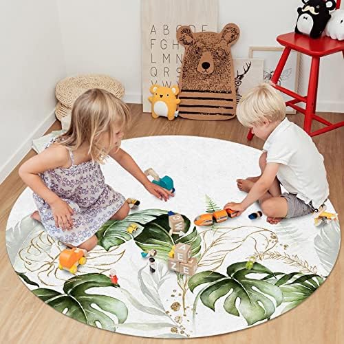 שטיח שטח עגול גדול לחדר שינה בסלון, שטיחים 4ft ללא החלקה לחדר ילדים, עלים צבעי מים צמחים טרופיים צב צב