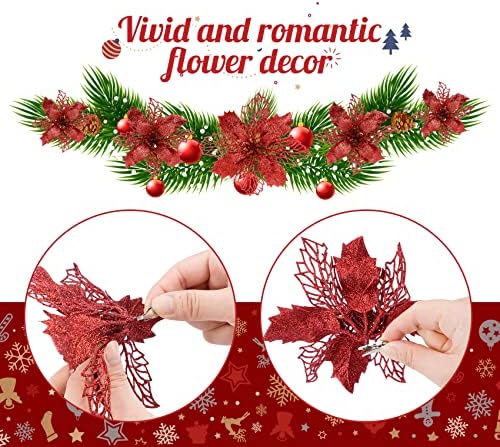 Absofine Poinsettia פרח חג מולד מלאכותי 24 חבילה פרחי נצנצים אדומים עם קליפים קישוטים לעץ חג המולד לקישוט