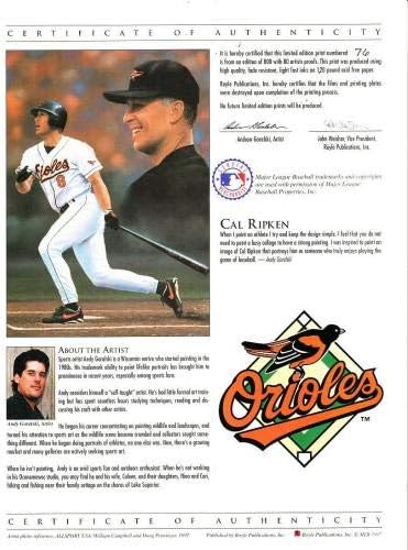Cal Ripken חתום על חתימה אוטומטית אוריולס ליטוגרפיה ליטוגרפיה ממוסגרת /800 שטיינר - אמנות MLB עם חתימה