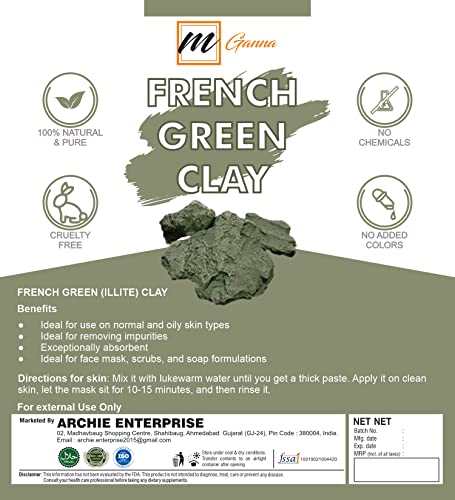 אבקת חימר ירוקה צרפתית מגאנה 2 פאונד / 908 גרם / חימר מונמורילוניט איליט למסכות פנים, קרמים, קליפות וקרצופים
