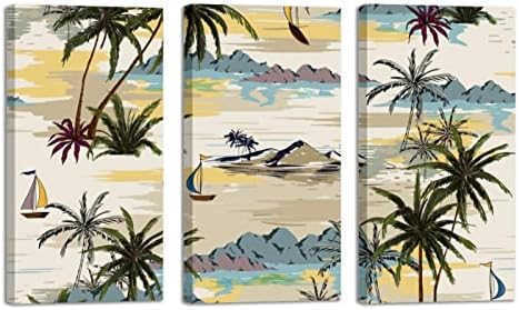 אמנות קיר לסלון, עצי דקל ביץ 'ונוף אוקיינוס ​​נוף ממוסגר ציור שמן דקורטיבי סט יצירות אמנות מודרניות
