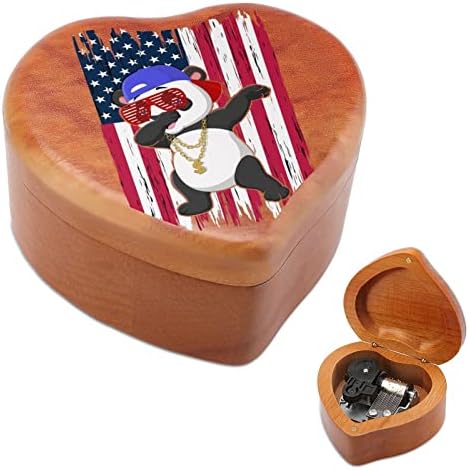 טבילה פנדה עם דגל אמריקאי קופסת מוסיקה מעץ צורה לב צורה קופסת מוזיקה וינטג 'שעון עץ מתנות קופסאות