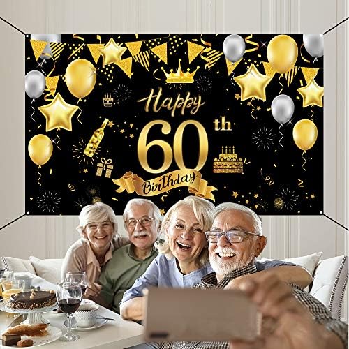 מוקוסמי שמח יום הולדת 60 רקע באנר מסיבת קישוט, גדול במיוחד שחור זהב יום הולדת שמח סימן פוסטר צילום רקע מסיבת לטובת