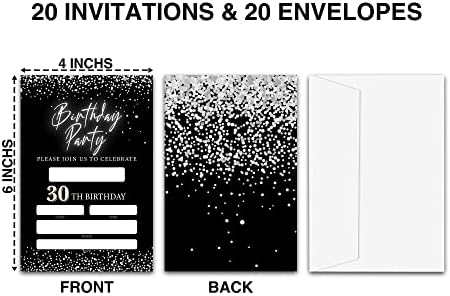Lefohlon Black and Silver הזמנות למסיבת יום הולדת 30, כרטיסי הזמנה ליום הולדת נצנצים כפול-צדדי של