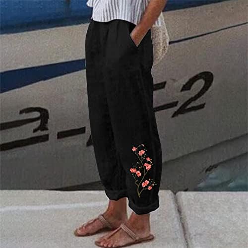מקרית קיץ כותנה פשתן מכנסיים לנשים בבאגי ישר רגל מכנסיים גבוהה מותן חוף מכנסיים עם כיסים נוחות