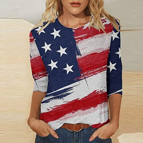 אורך המרפק 4 ביולי צמרות לנשים 2023 חולצות הדפס דגל אמריקאי