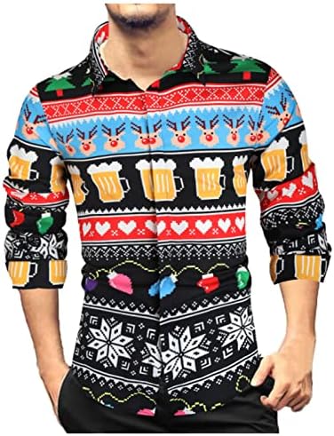 חולצות חג מולד xxbr לגברים, מצחיק 3D חג המולד סנטה קלאוס חתול מודפס צמרות שרוול ארוך כפתור למטה חולצה מזדמנת