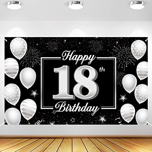 18 יום הולדת שמח רקע באנר, 18 יום הולדת קישוטי עבור בני בנות שחור כסף יום הולדת רקע באנר מסיבת דקור