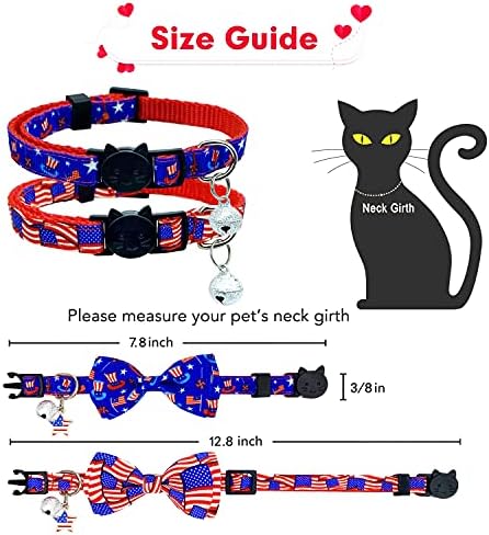 4 יולי חתול עניבת פרפר צווארון עם פעמון, עצמאות אמריקאי חג קיטי חתלתול פטריוטית ארהב דגל קולרים עבור בני בנות