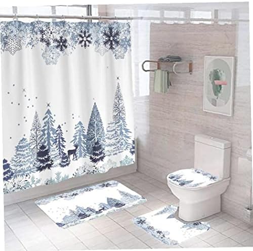 פרויני 4 יח ' סט החג שמח מקלחת וילון לאמבטיה קישוט פתית שלג עץ דפוס אמבטיה וילונות אסלת כיסוי
