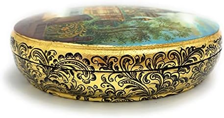 קופסת תכשיטים דקורטיבית בלעדית מיניאטורה לכה רוסית סנט פטרסבורג, עלה זהב. עשוי מעיסת נייר פדוסקינו.עיצוב