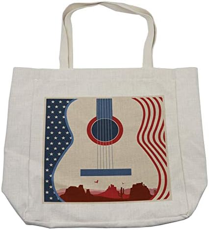 תיק קניות למוזיקה של Ambesonne, גיטרה איור פסטיבל מוזיקת ​​קאנטרי עם הדפס עיצוב דגל אמריקאי, תיק לשימוש