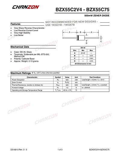 Chanzon BZX55C4V3 ZENER דיודה 0.5W 4.3V DO-35 דיודות ציריות 0.5 וואט 4.3 וולט