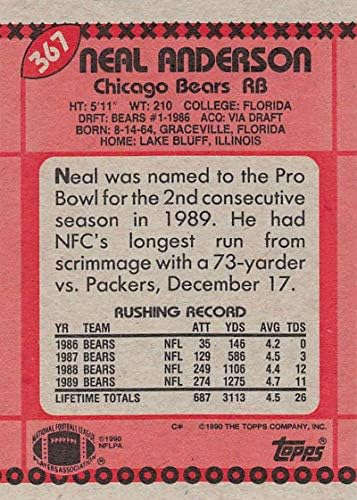 1990 Topps כדורגל 367 ניל אנדרסון שיקאגו ברס כרטיס מסחר רשמי ב- NFL מ- Topps