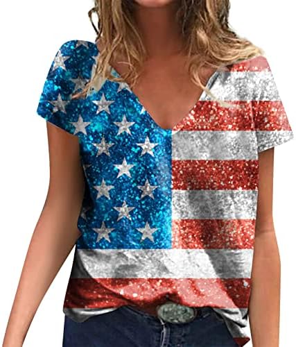 חולצות טריקו לנשים OCLUN דגל שרוול קצר דגל אמריקאי 4 יולי גרפי V Neck Top חולצה חולצה אלגנטית פורמלית חולצות