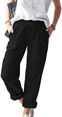 מכנסי פשתן של Rdegoocha לנשים כפתורי מכנסיים קצוצים כיס מותניים אלסטיים גבוהים קיץ עבודה מזדמן מכנסי יבול