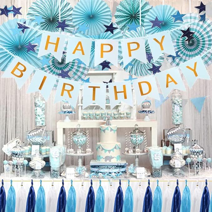 כחול התת נושא מסיבת יום הולדת, 6 נייר מאוורר פרחים, 1 יום הולדת שמח באנר, 4 מ ' קטן כוכב דגל