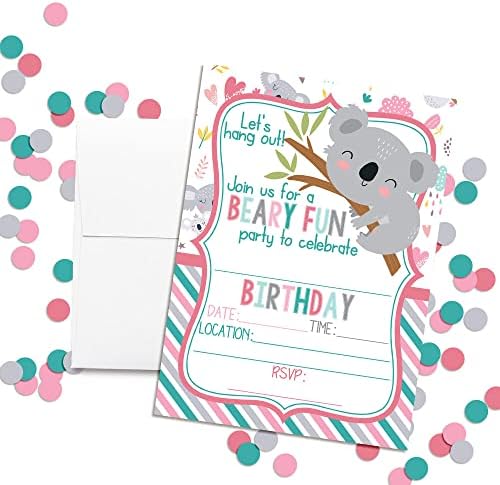 בואו לבלות קואלה דוב חמוד עם הזמנות למסיבת יום הולדת עם ילדים, 20 5 x7 מלא כרטיסים עם עשרים מעטפות
