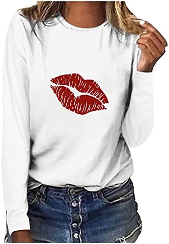 שפתיים סקסיות מודפסות חולצות לנשים שרוול ארוך מזדמן צמרות טוניקה צמרות סתיו מזדמן רופף כושר